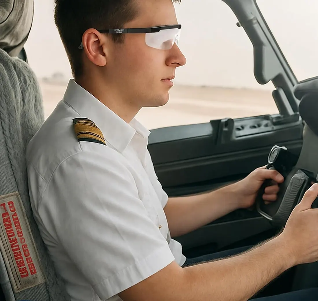 Pilot flying a trainer while wearing white foggles