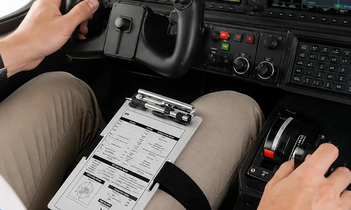 Pilot in a glass-cockpit trainer with a Destination Departure aluminum kneeboard strapped to the right thigh