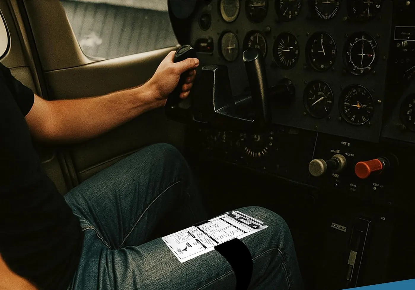 Strap holding a kneeboard on a pilot's leg